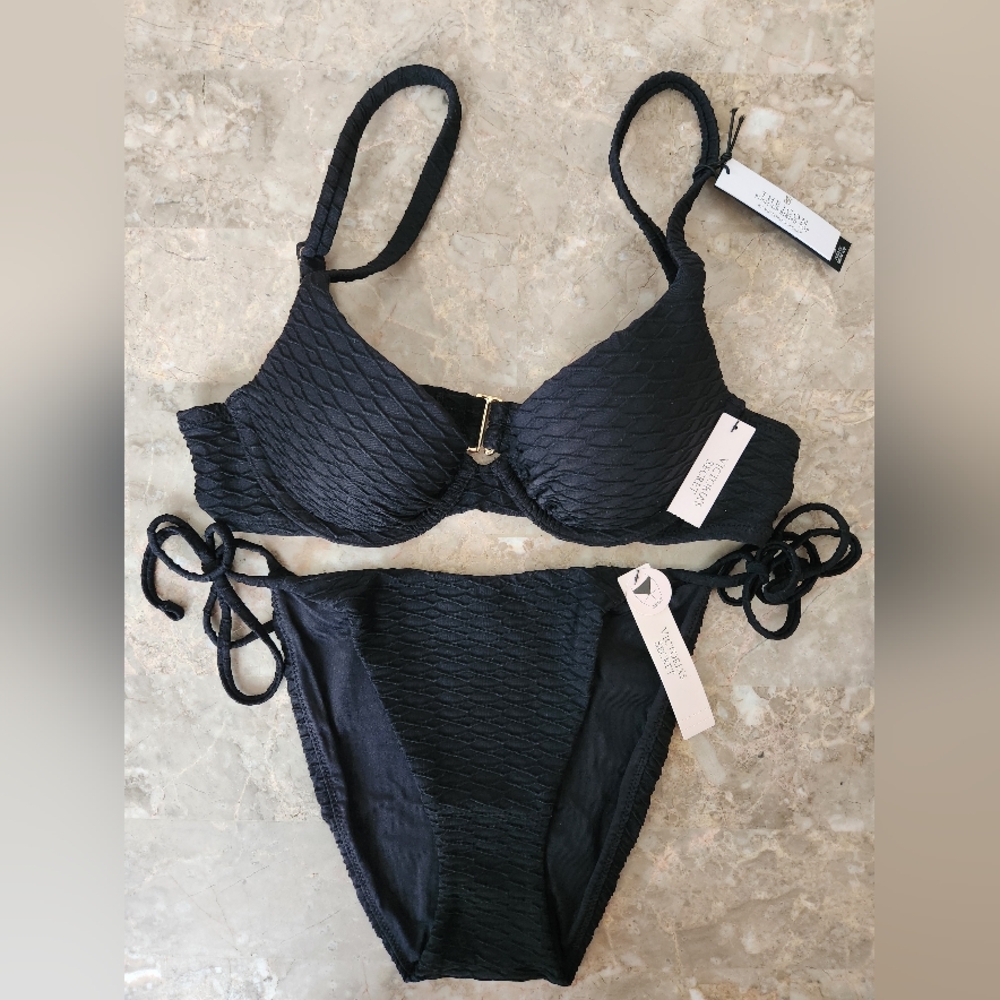 32A/S 34B/S VS Swim Icon Push Up Bikini Top Side Tie Cheeky Bikini Set Black